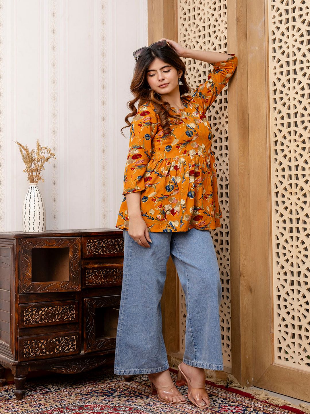 Mustard Printed V-Neck Peplum Tunic