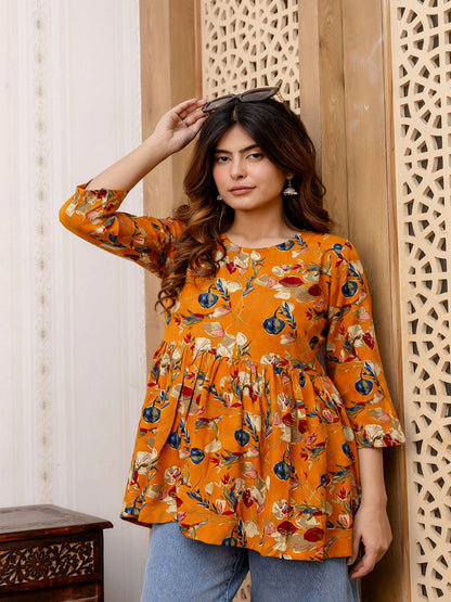 Mustard Printed V-Neck Peplum Tunic