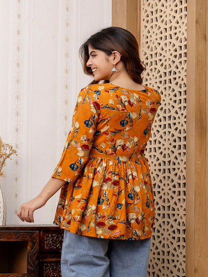 Mustard Printed V-Neck Peplum Tunic