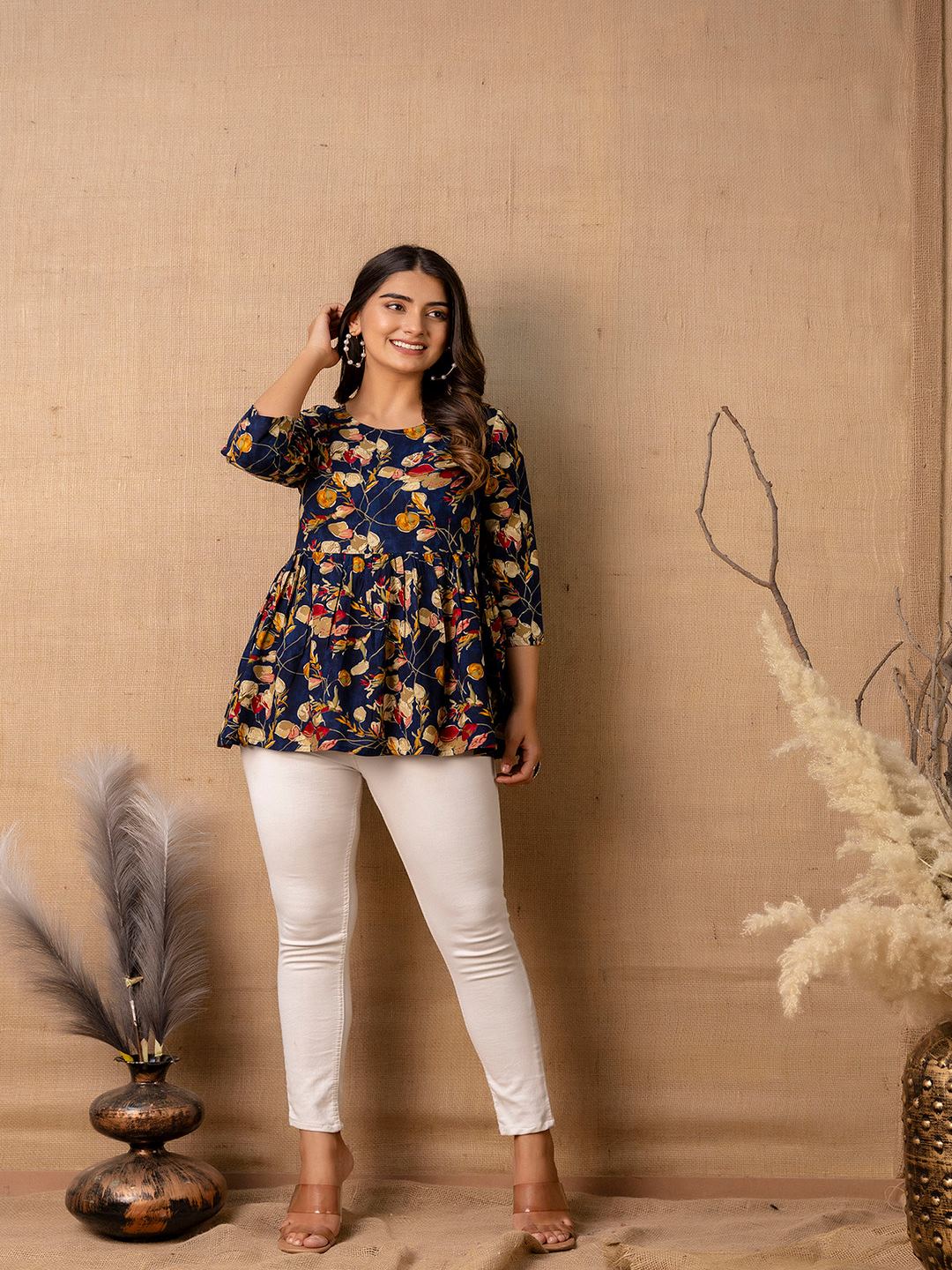Navy Blue Printed V-Neck Peplum Tunic