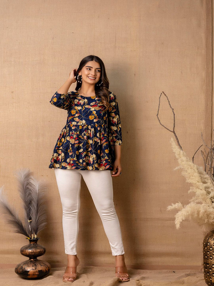 Navy Blue Printed V-Neck Peplum Tunic