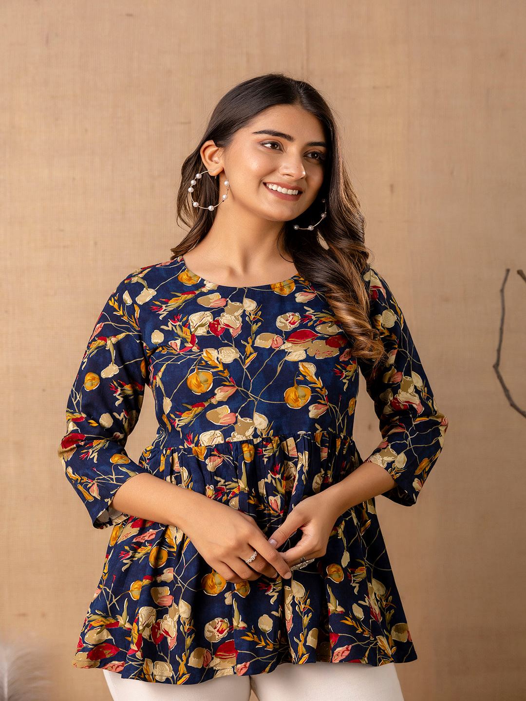 Navy Blue Printed V-Neck Peplum Tunic