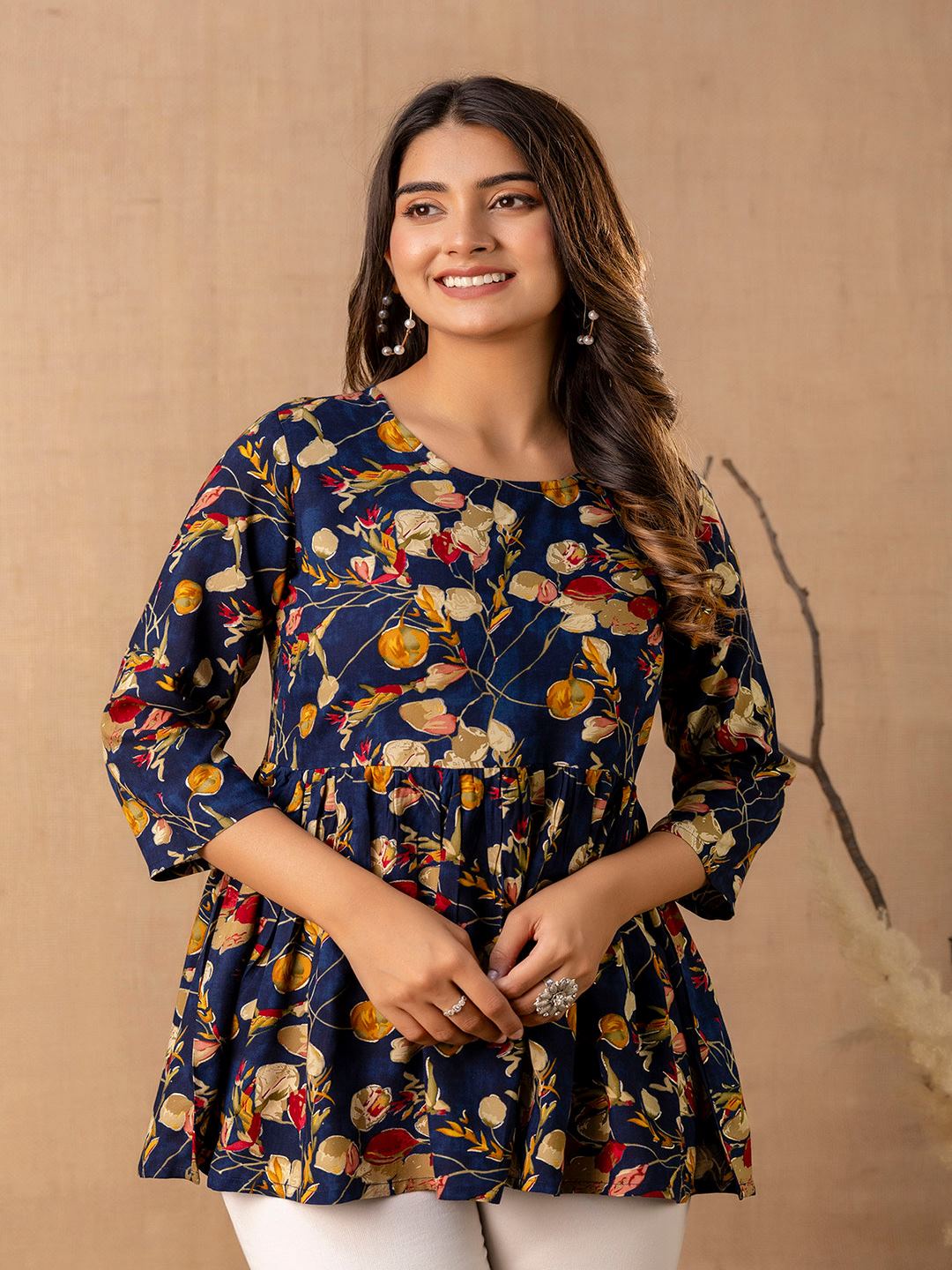 Navy Blue Printed V-Neck Peplum Tunic