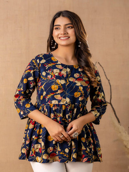 Navy Blue Printed V-Neck Peplum Tunic
