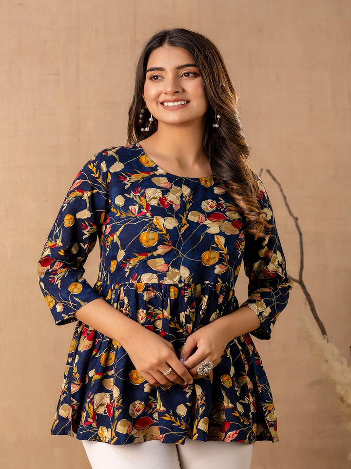 Navy Blue Printed V-Neck Peplum Tunic