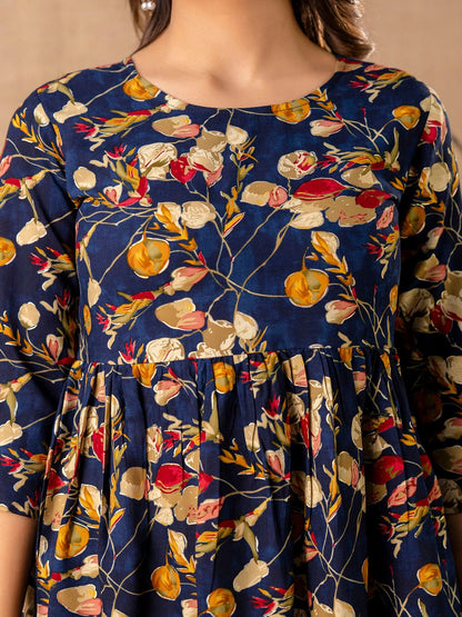 Navy Blue Printed V-Neck Peplum Tunic