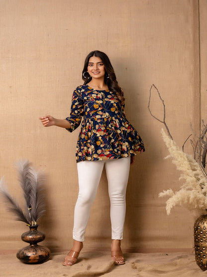 Navy Blue Printed V-Neck Peplum Tunic