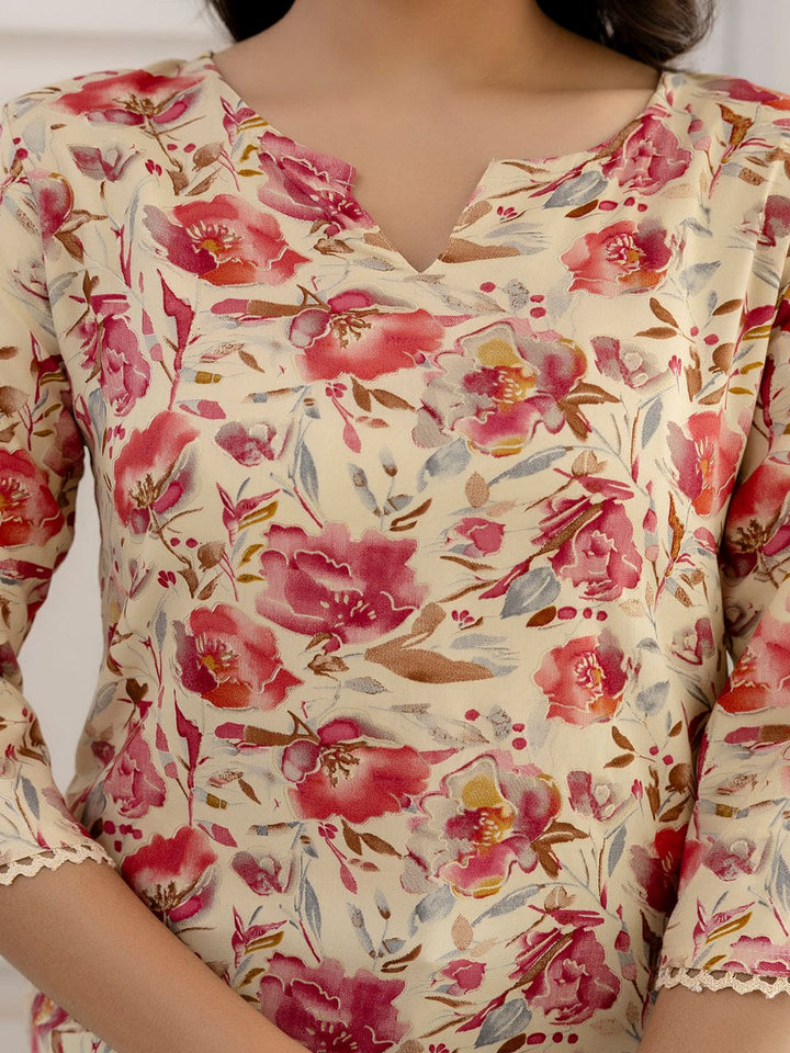Pink And Off White Printed Straight Tunic