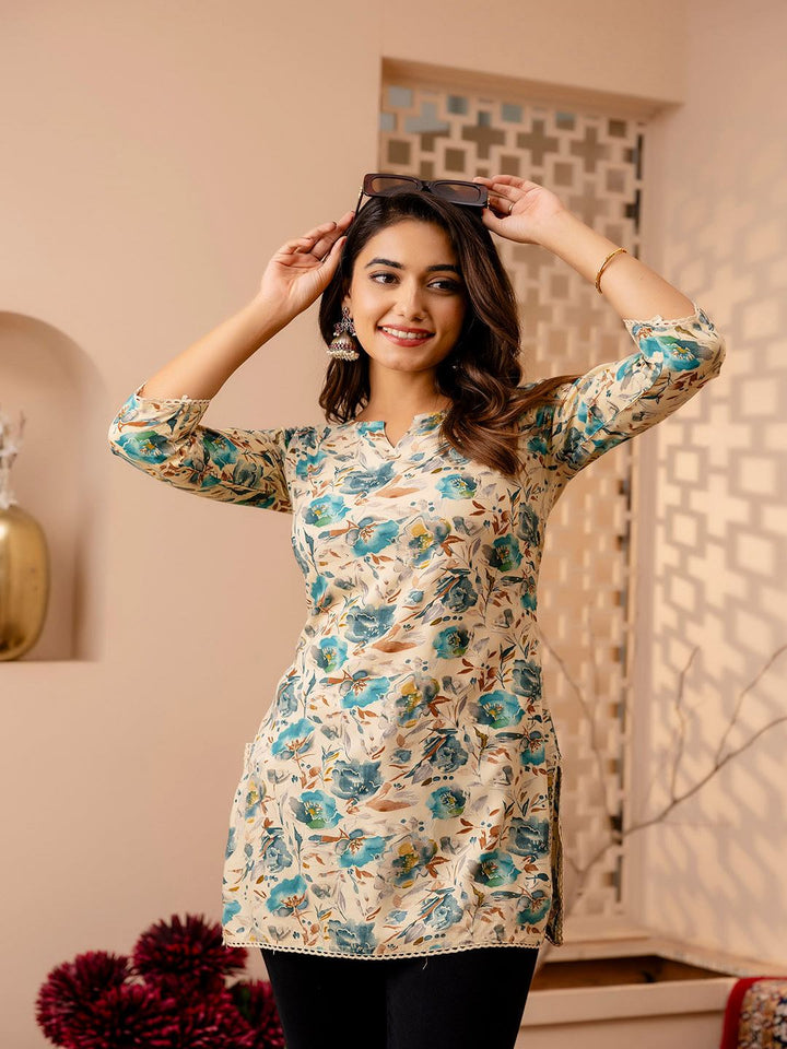 Off White And Green Printed Straight Tunic