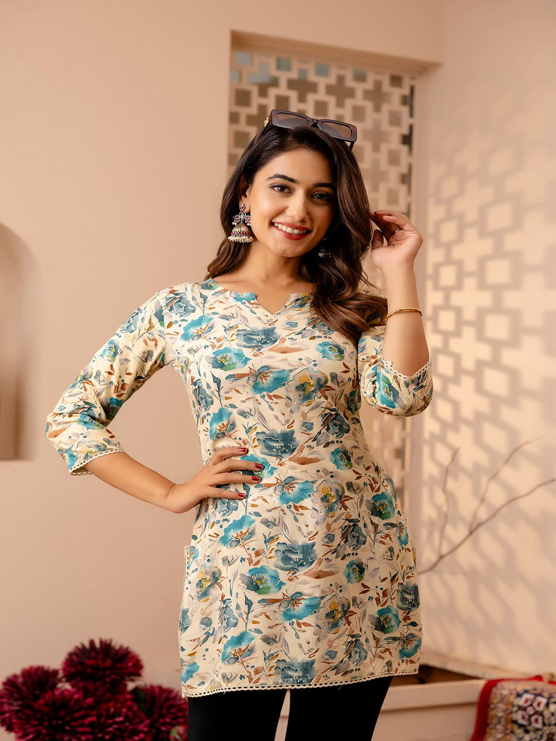 Off White And Green Printed Straight Tunic