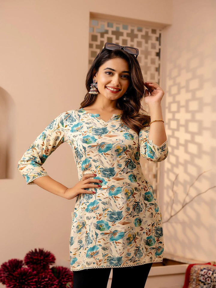 Off White And Green Printed Straight Tunic