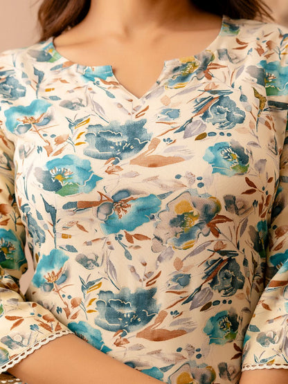 Off White And Green Printed Straight Tunic