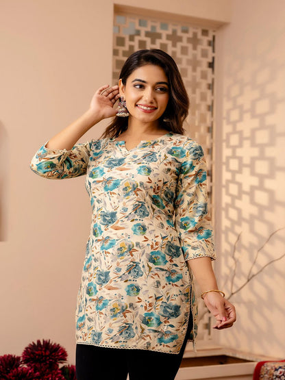 Off White And Green Printed Straight Tunic