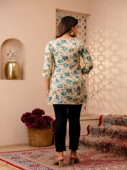 Off White And Green Printed Straight Tunic