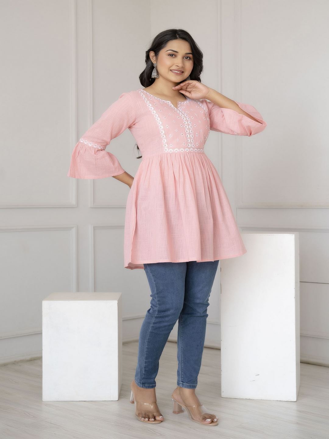 Pink Embroidered Peplum Tunic