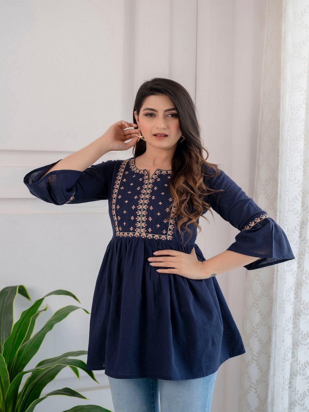 Navy Blue Embroidered Peplum Tunic