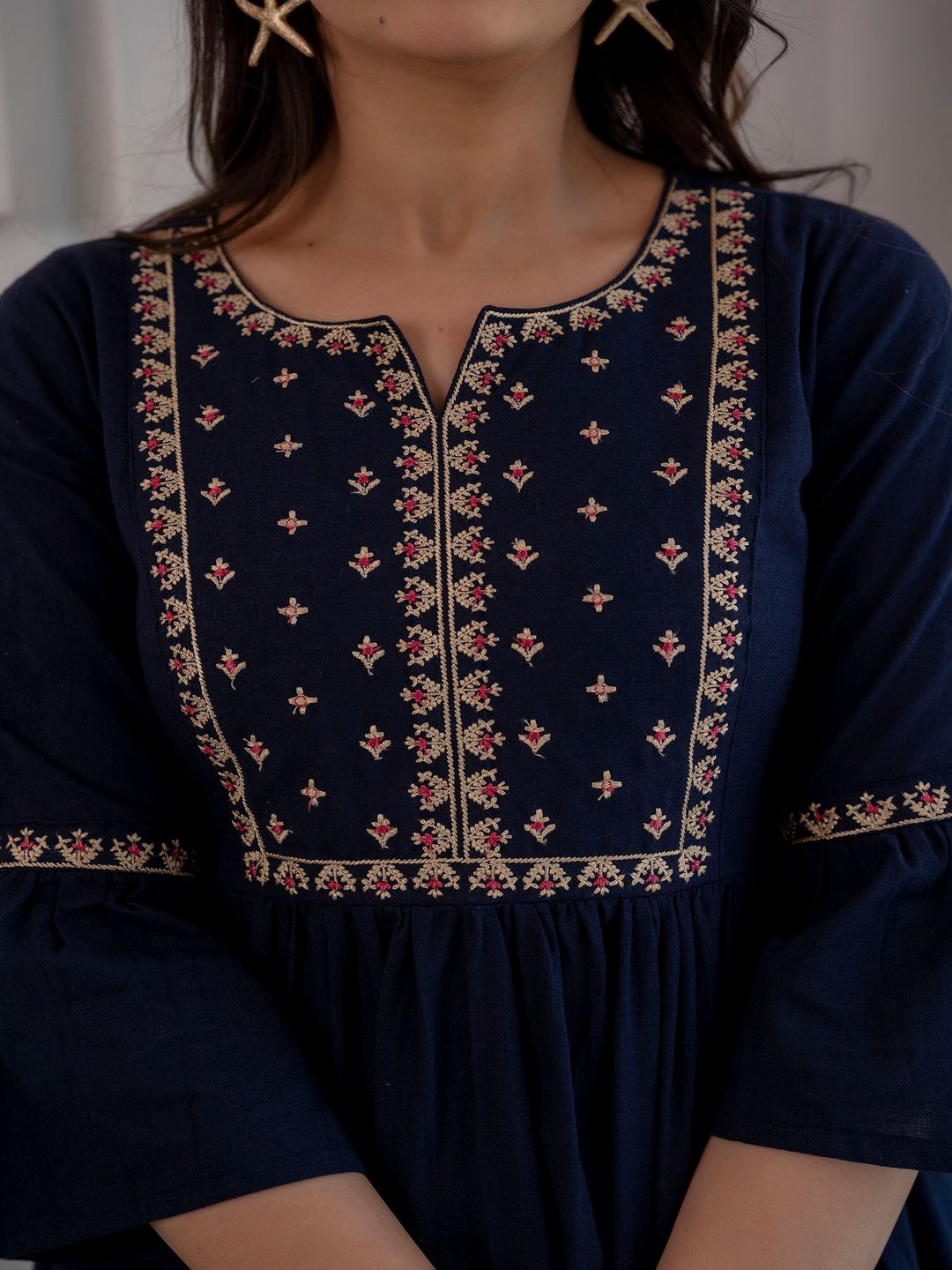 Navy Blue Embroidered Peplum Tunic