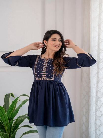 Navy Blue Embroidered Peplum Tunic