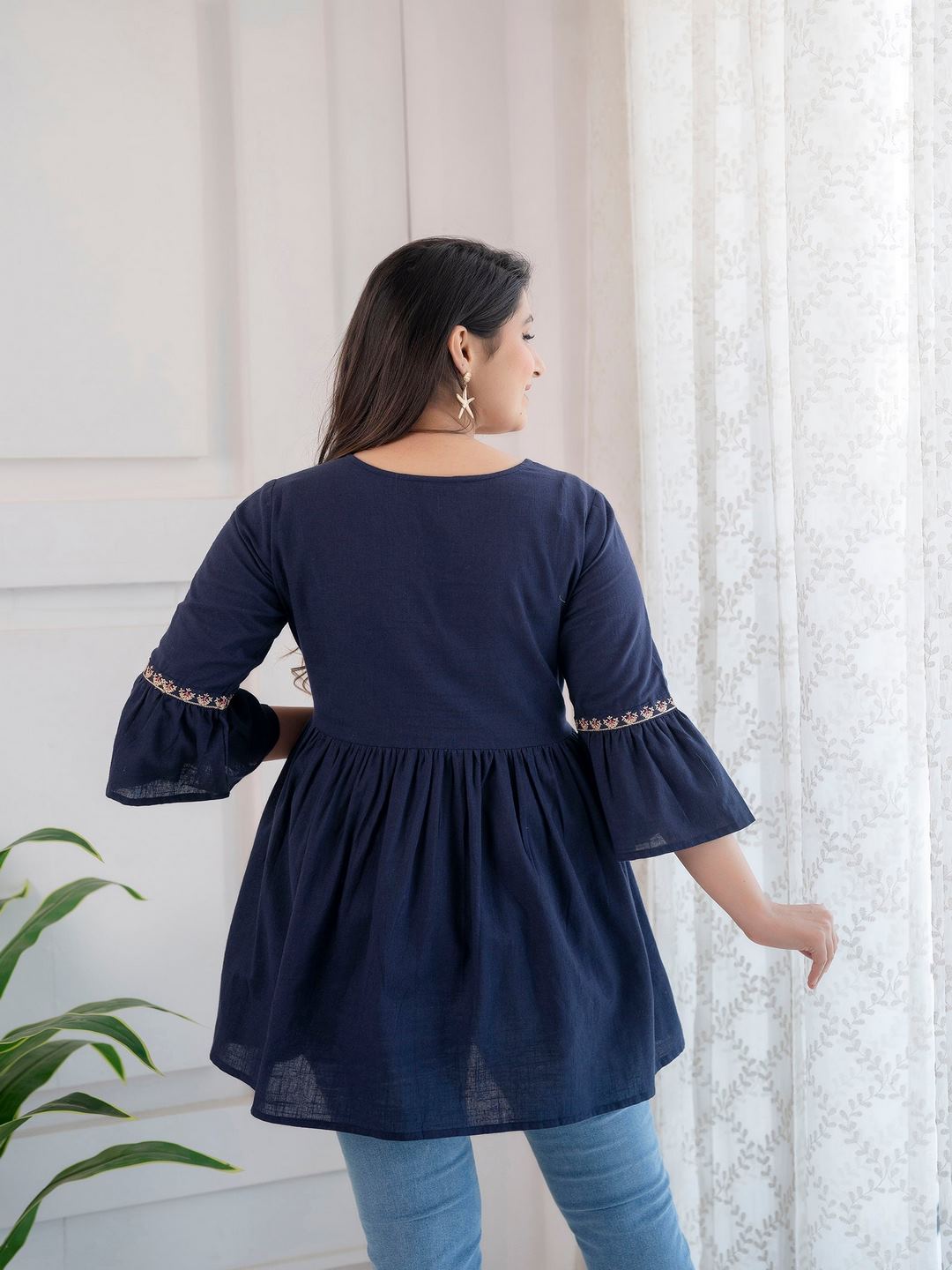 Navy Blue Embroidered Peplum Tunic