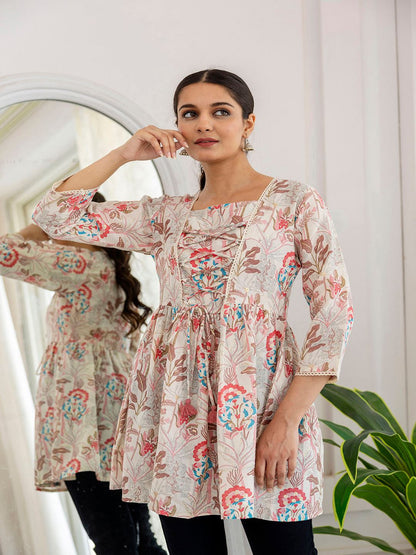 Off-White Printed V-Neck Peplum Tunic