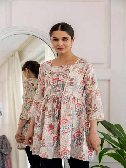 Off-White Printed V-Neck Peplum Tunic