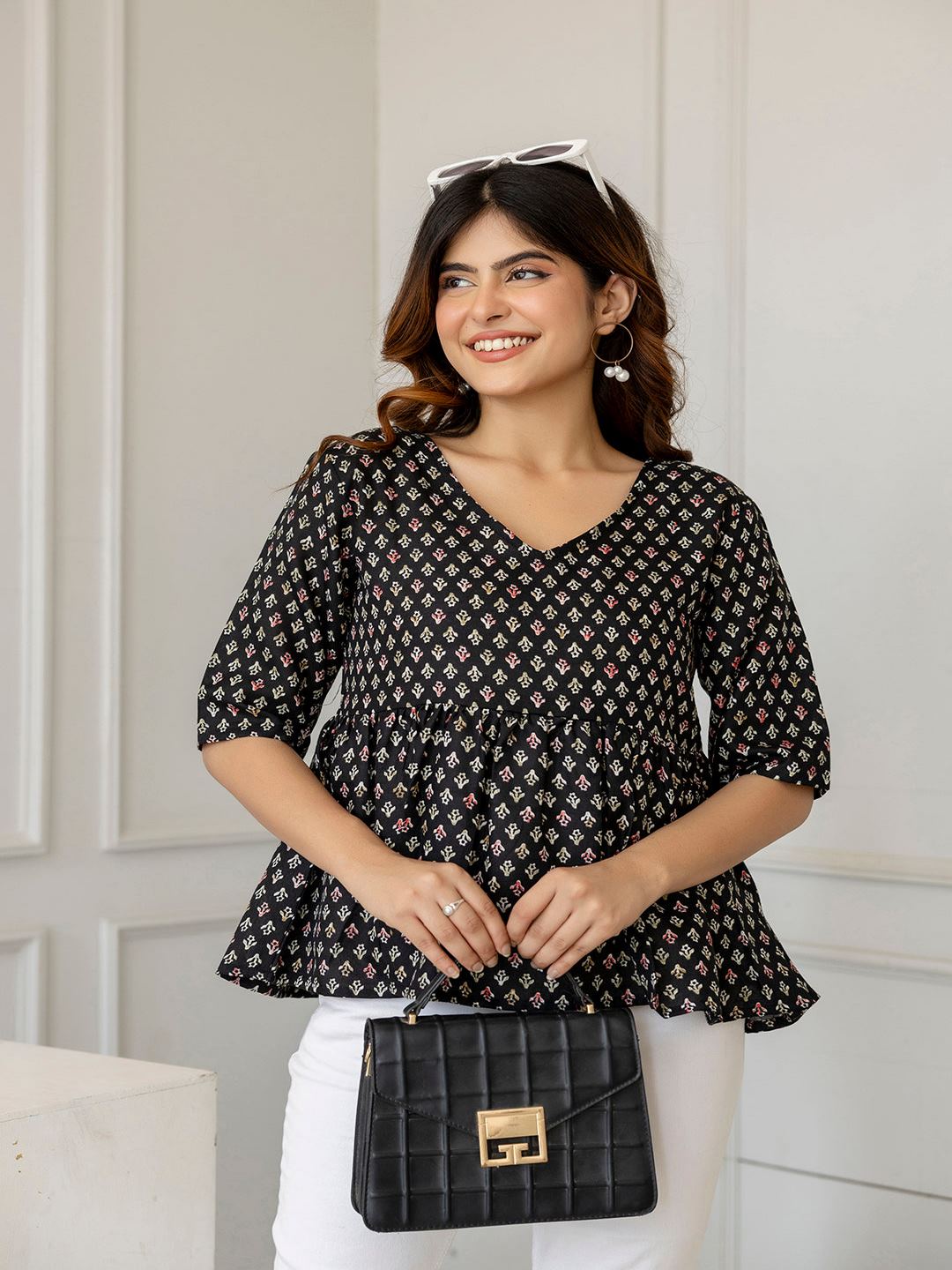 Black Printed V-Neck Peplum Tunic