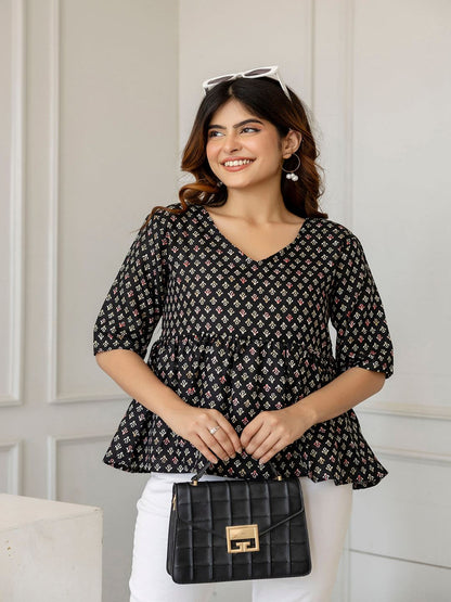 Black Printed V-Neck Peplum Tunic