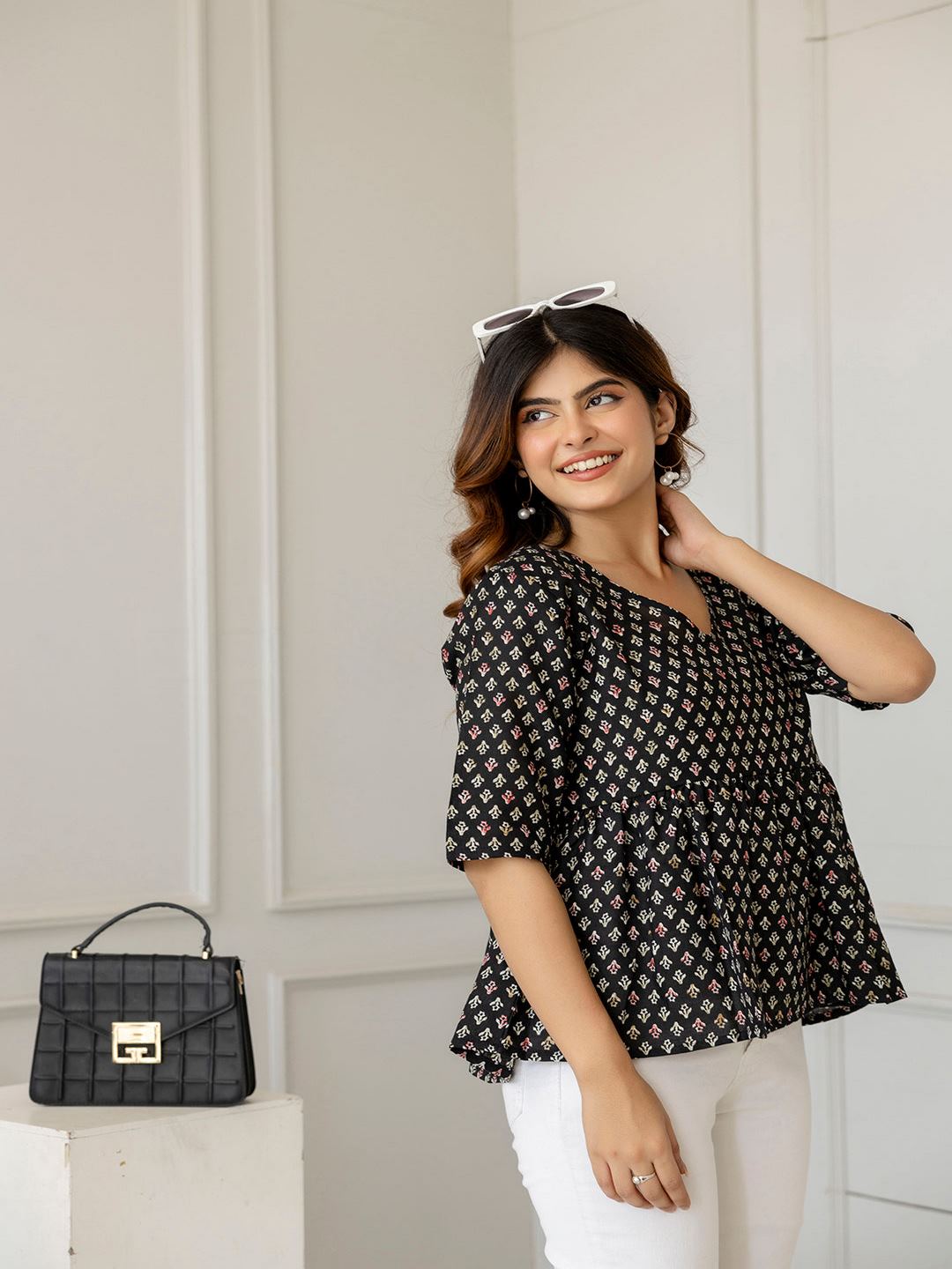 Black Printed V-Neck Peplum Tunic