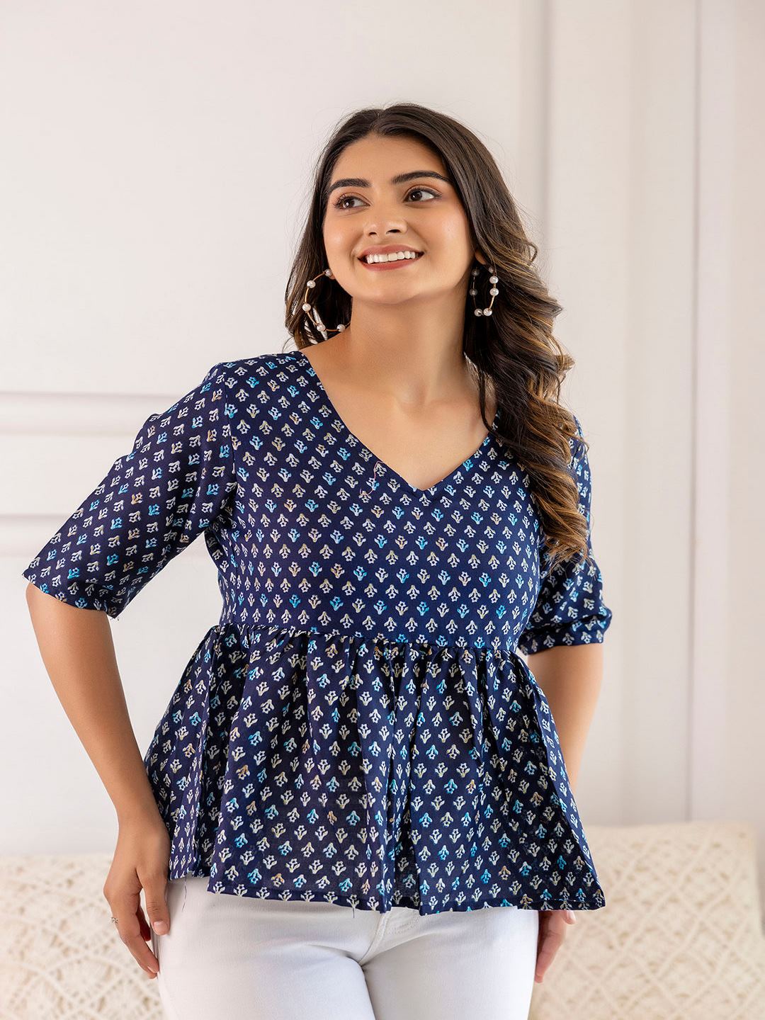 Navy Blue Printed V-Neck Peplum Tunic