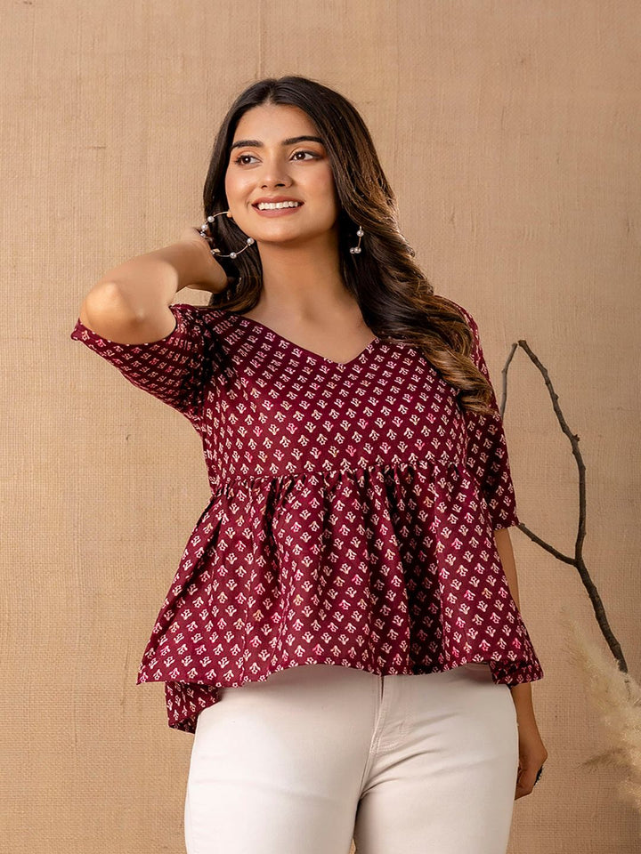 Burgundy Printed V-Neck Peplum Tunic