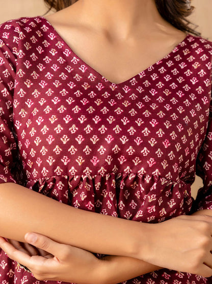 Burgundy Printed V-Neck Peplum Tunic