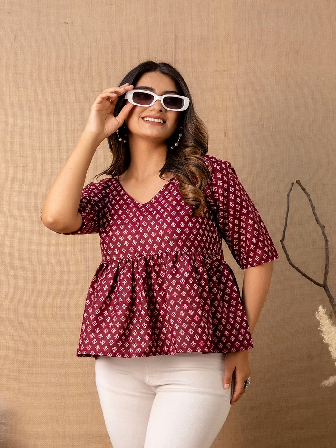 Burgundy Printed V-Neck Peplum Tunic