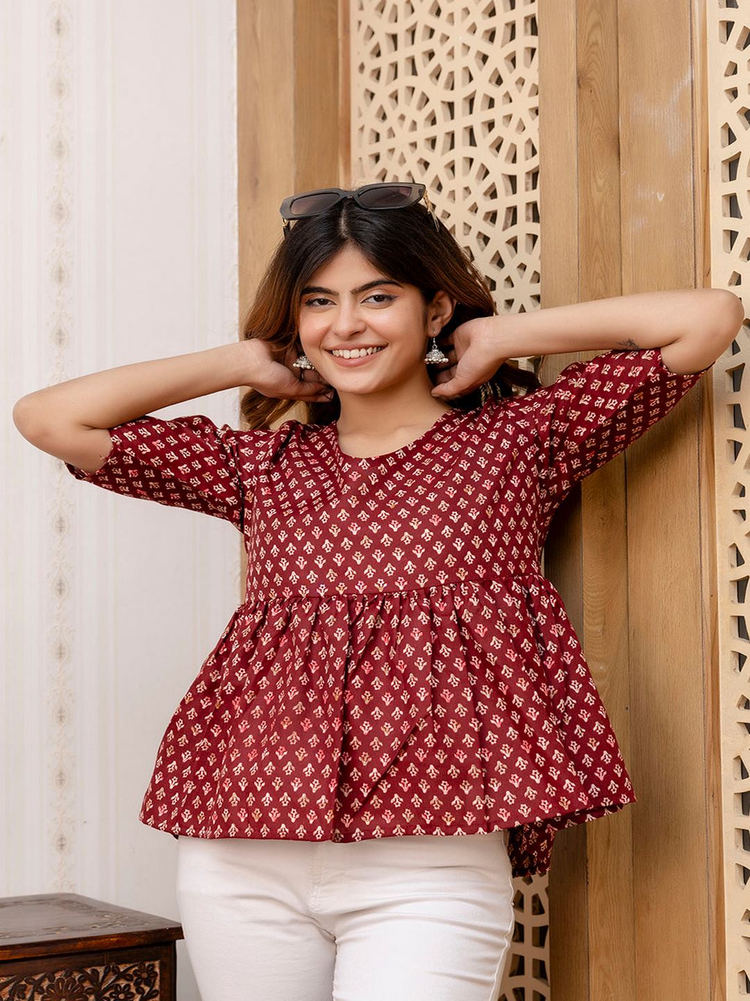 Maroon Printed V-Neck Peplum Tunic