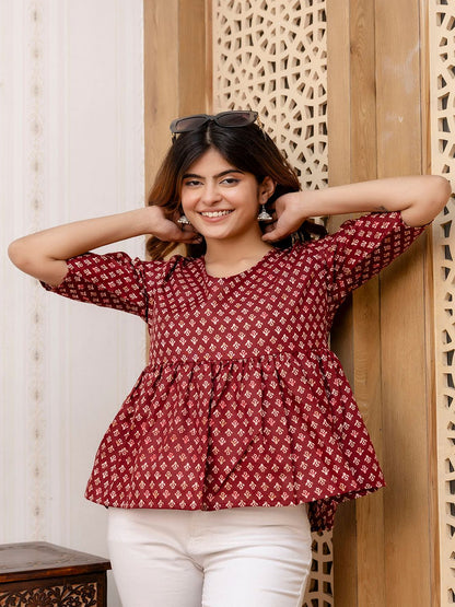 Maroon Printed V-Neck Peplum Tunic