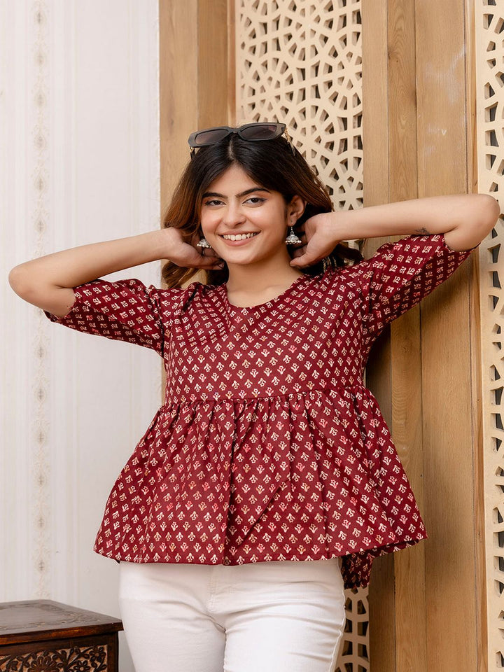Maroon Printed V-Neck Peplum Tunic