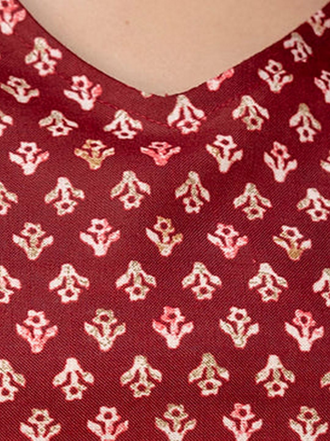 Maroon Printed V-Neck Peplum Tunic