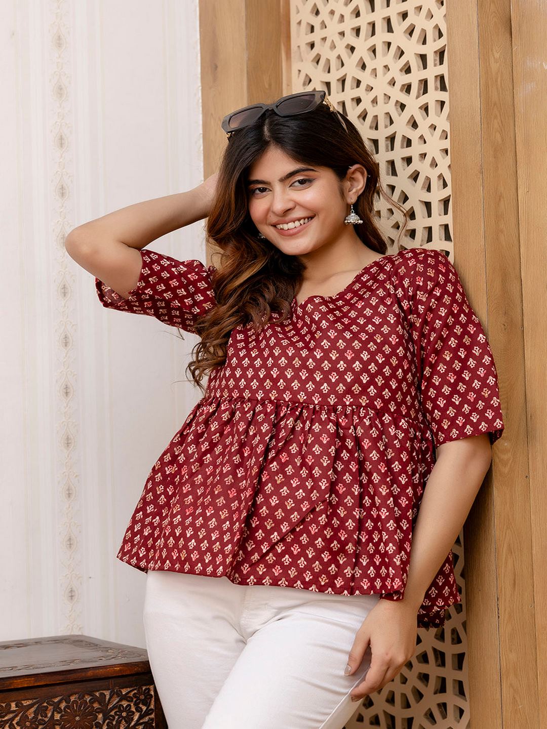 Maroon Printed V-Neck Peplum Tunic