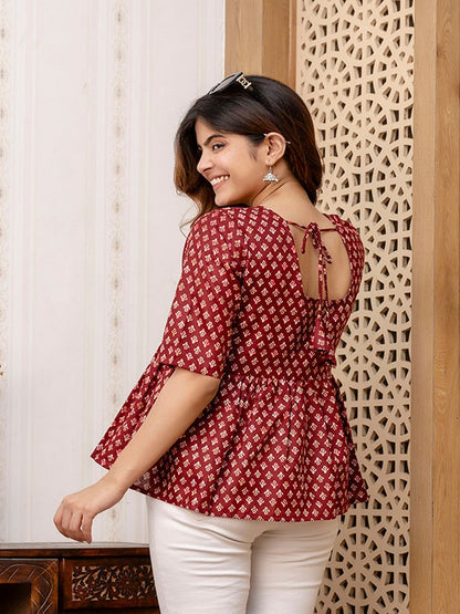 Maroon Printed V-Neck Peplum Tunic