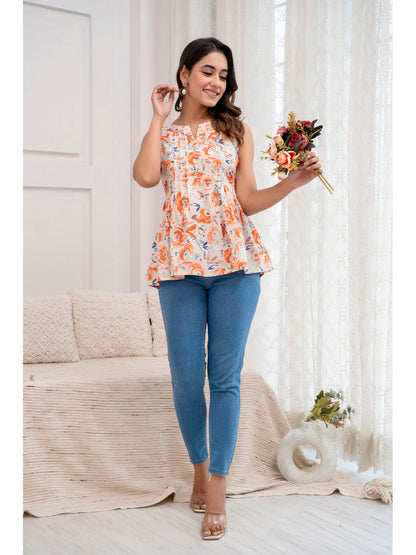 Off White Printed V-Neck Peplum Tunic