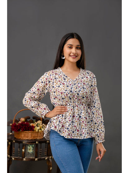 Off White Printed V-Neck Peplum Tunic