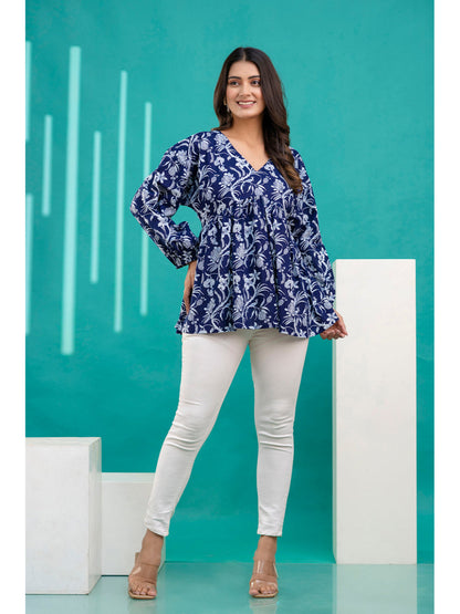 Navy Blue Printed V-Neck Peplum Tunic