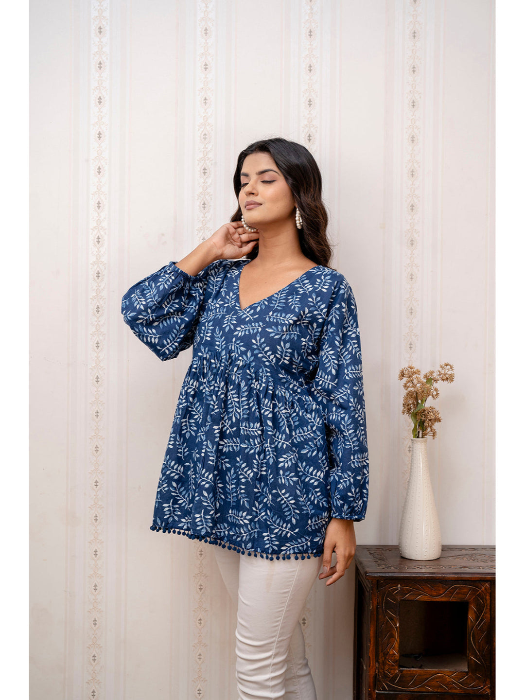 Navy Blue Printed V-Neck Peplum Tunic