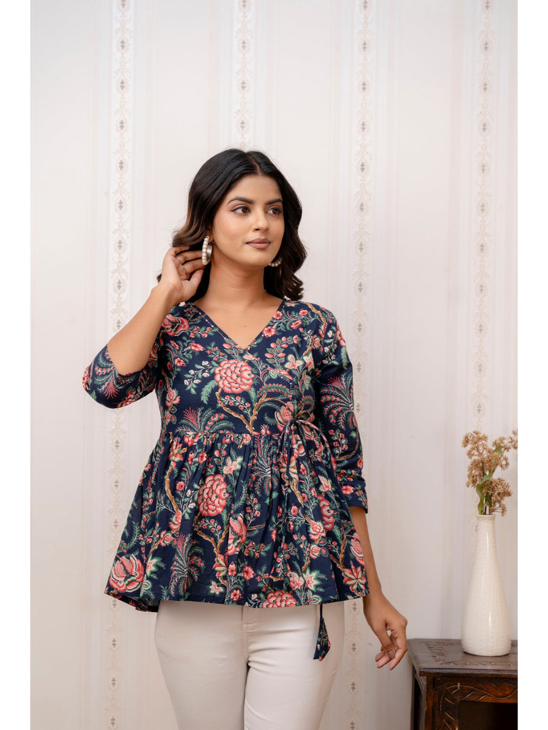 Navy Blue Printed V-Neck Peplum Tunic