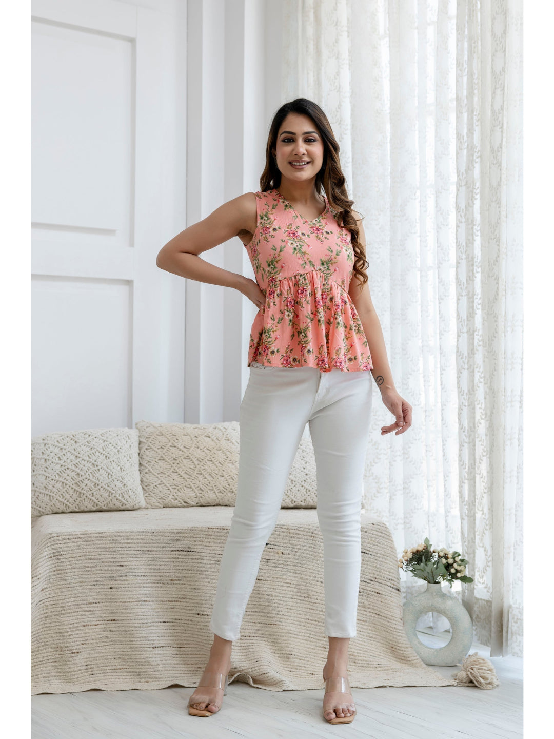Peach Printed Peplum Tunic