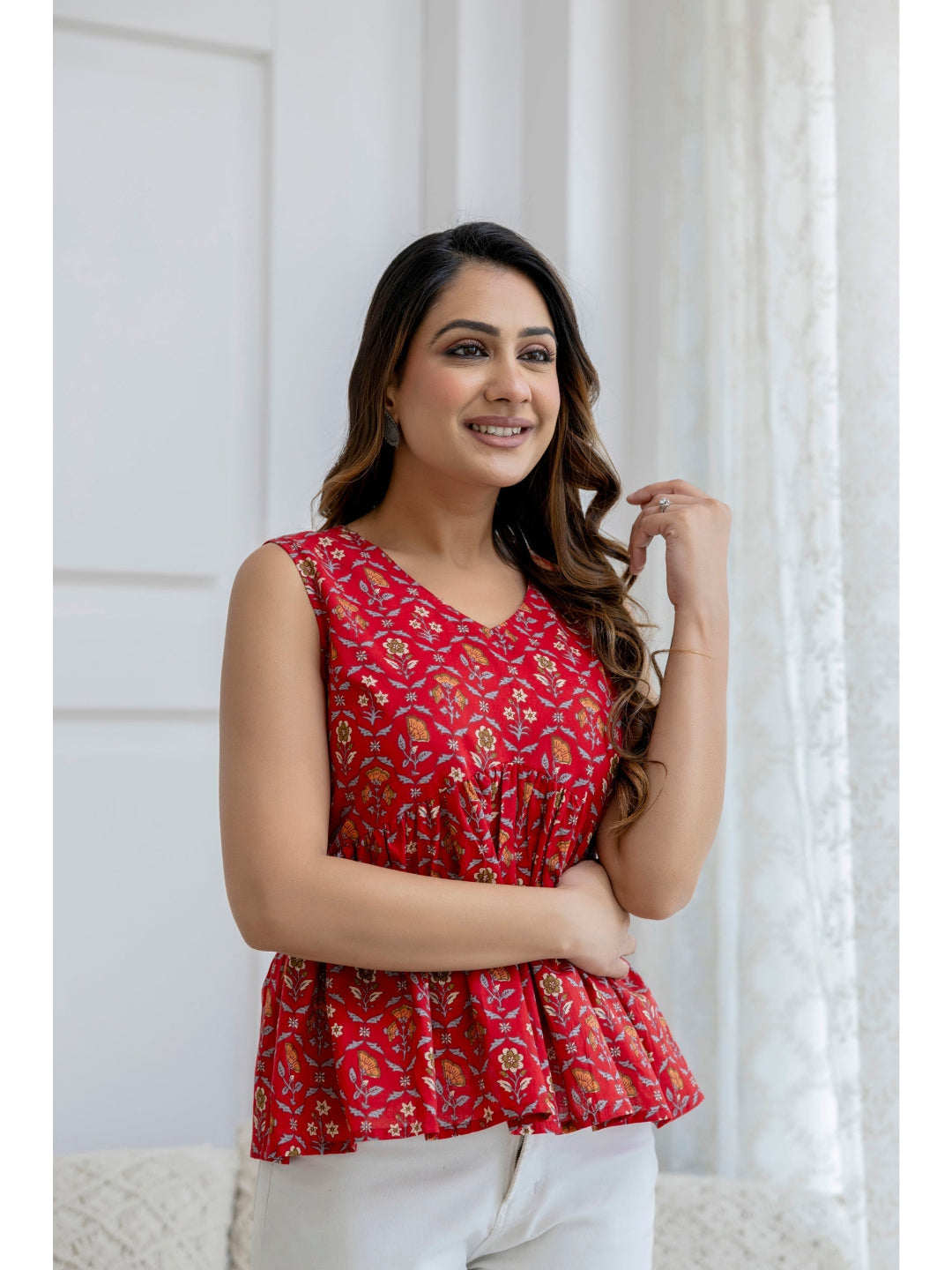 Red Printed Peplum Tunic