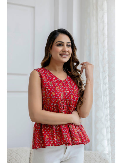 Red Printed Peplum Tunic