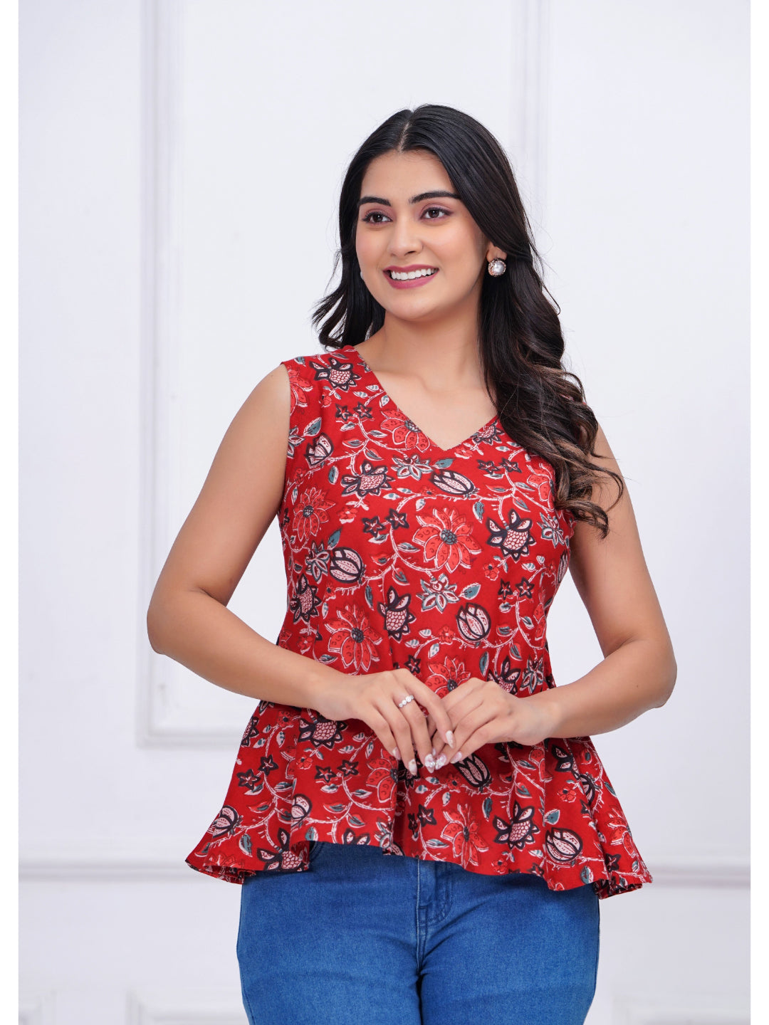 Red Floral Printed Peplum Tunic