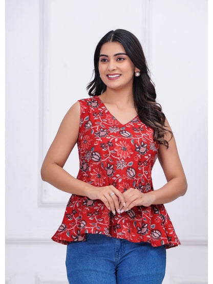 Red Floral Printed Peplum Tunic