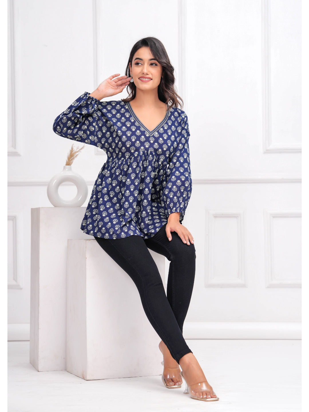 Blue Ethnic Printed Peplum Tunic