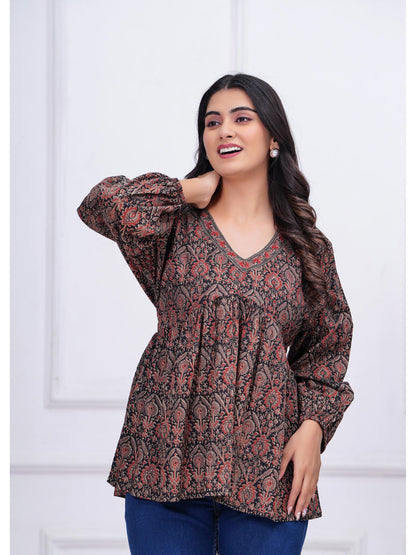 Black Ethnic Printed Peplum Tunic